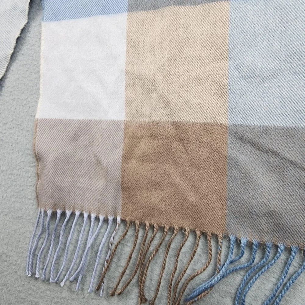 Cashmere Scarf Mens One Size Blue Brown Plaid Fringe Made In Scotland Winter